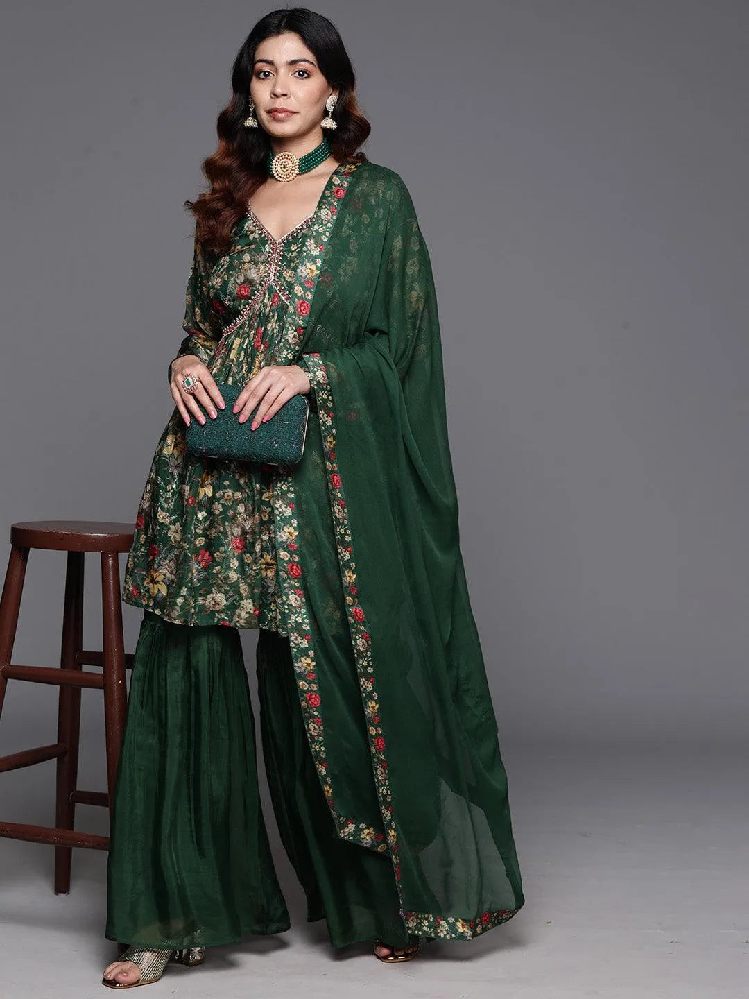 Green Printed Organza A-Line Kurta With Sharara & Dupatta - Libas