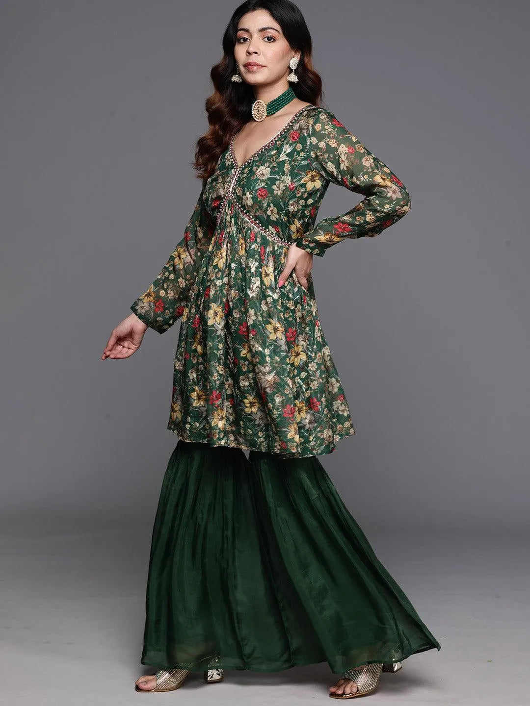 Green Printed Organza A-Line Kurta With Sharara & Dupatta - Libas