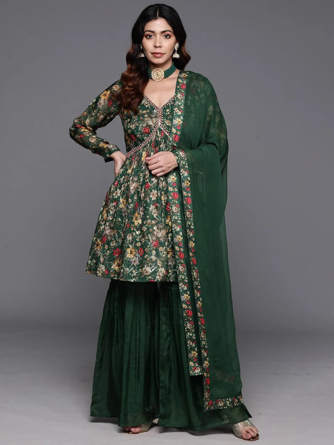 Green Printed Organza A-Line Kurta With Sharara & Dupatta - Libas 