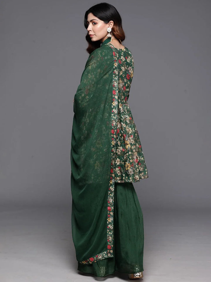 Green Printed Organza A-Line Kurta With Sharara & Dupatta - Libas