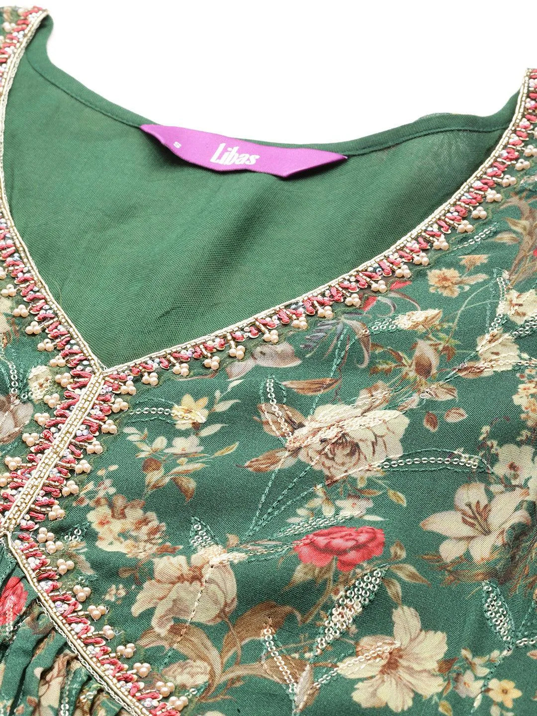 Green Printed Organza A-Line Kurta With Sharara & Dupatta - Libas 