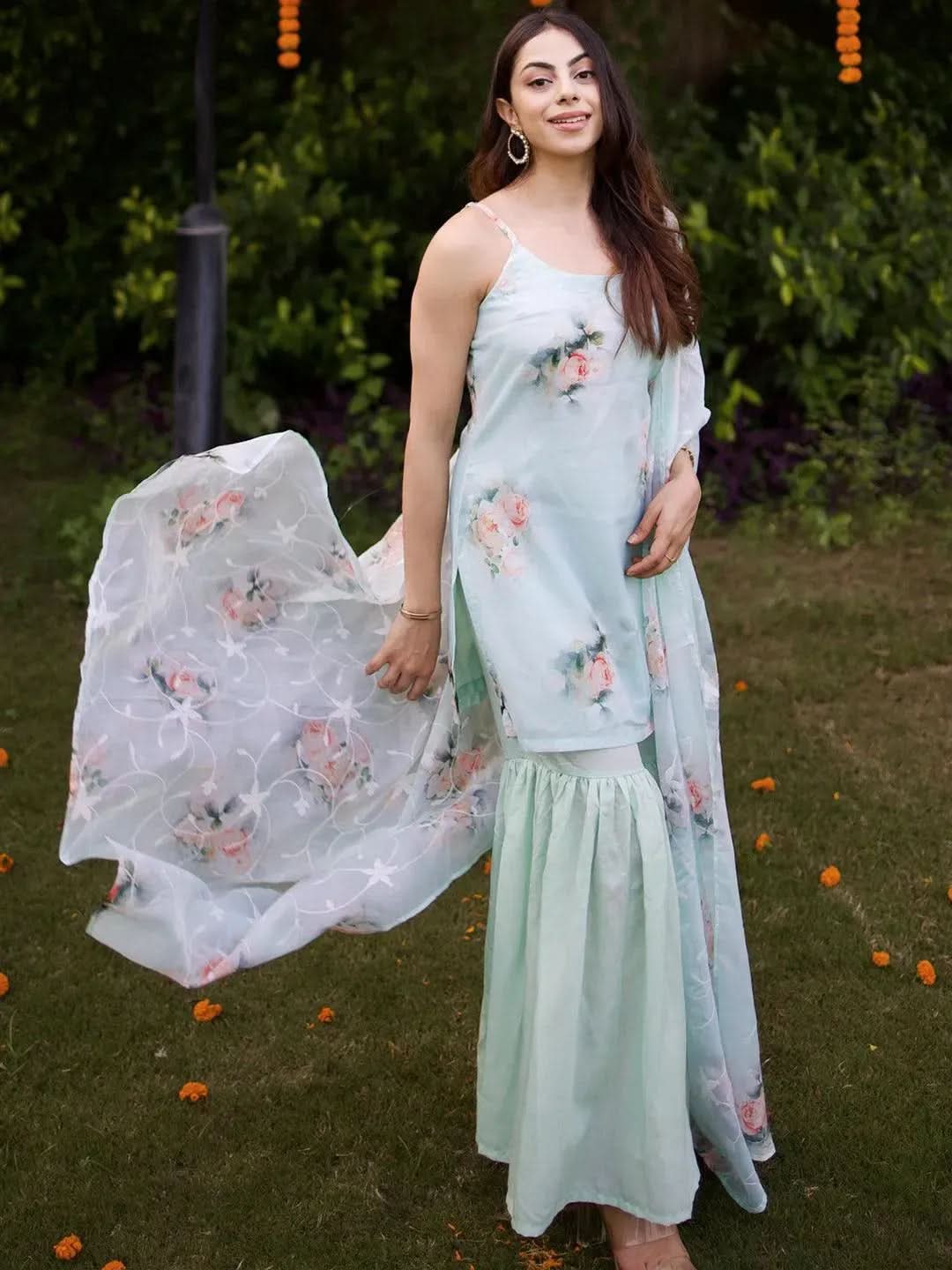 

Green Printed Organza Straight Sharara Suit Set With Dupatta