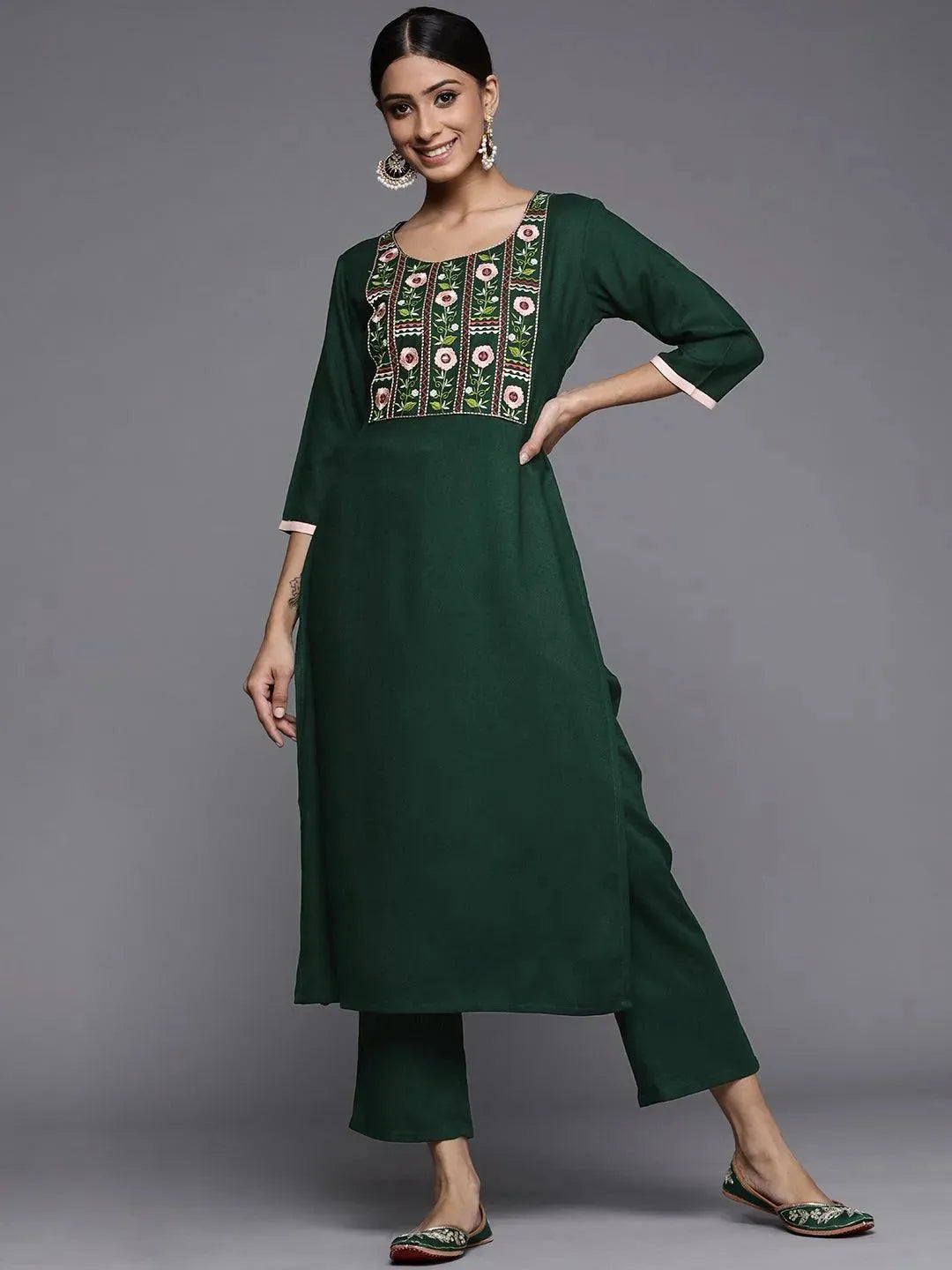 Green Printed Pashmina Wool Kurta - Libas