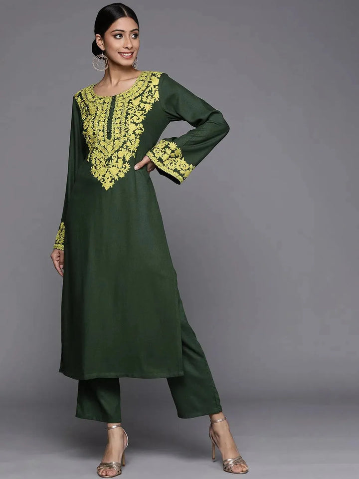 Green Printed Pashmina Wool Kurta - Libas