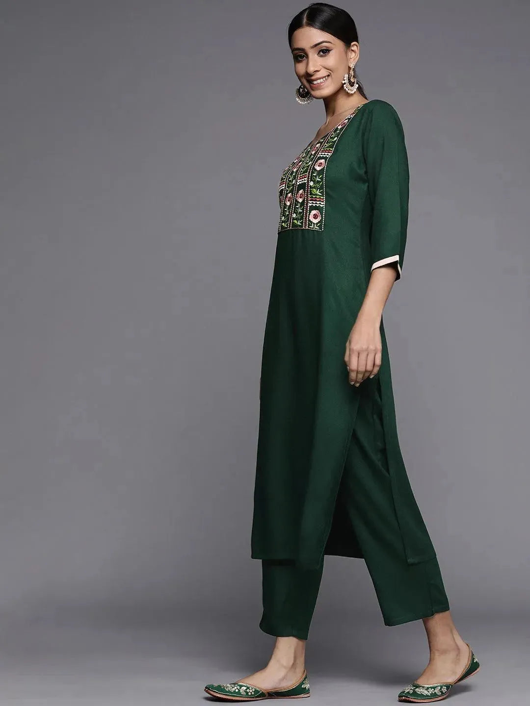 Green Printed Pashmina Wool Kurta - Libas 