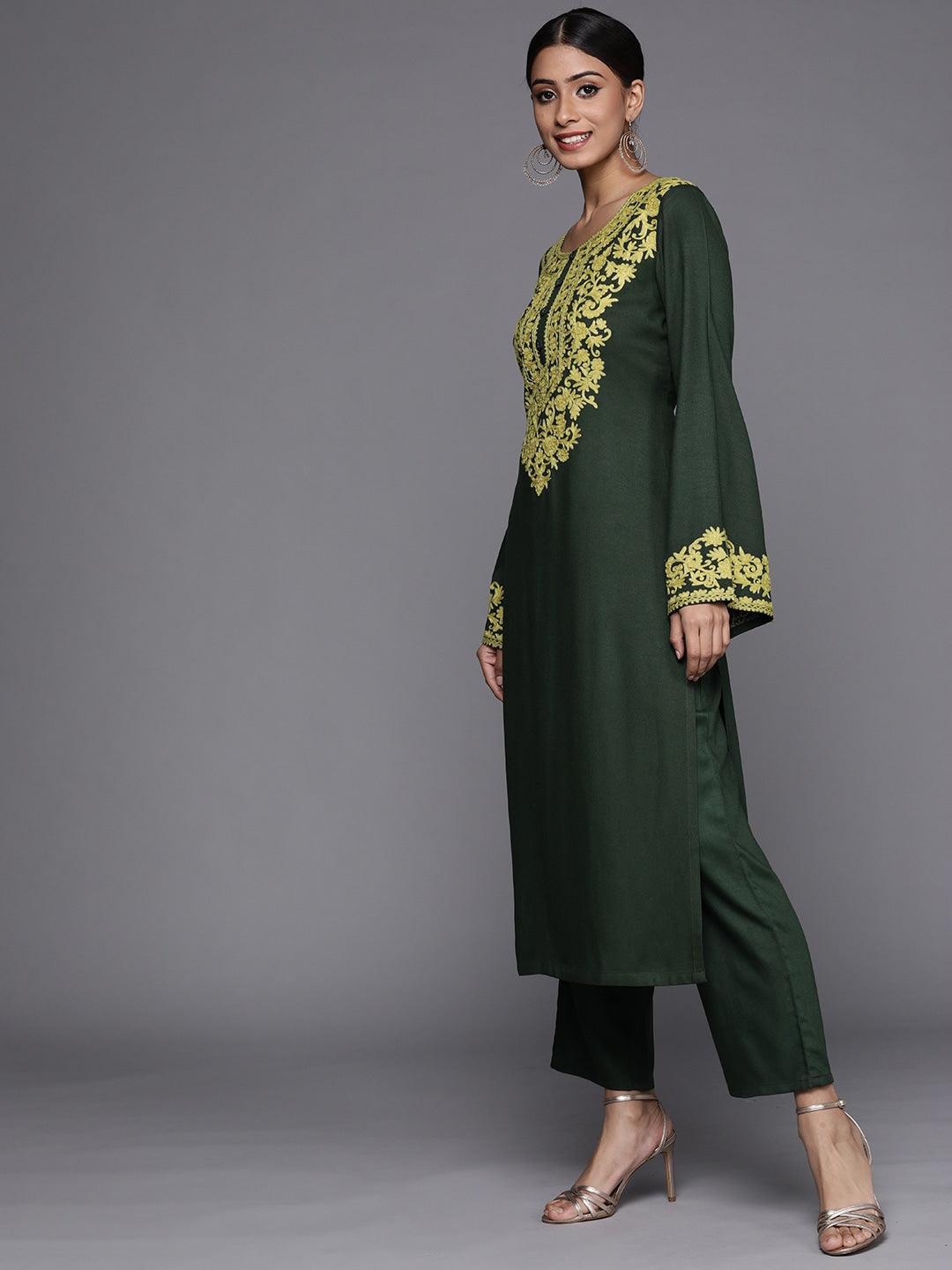 Green Printed Pashmina Wool Kurta - Libas