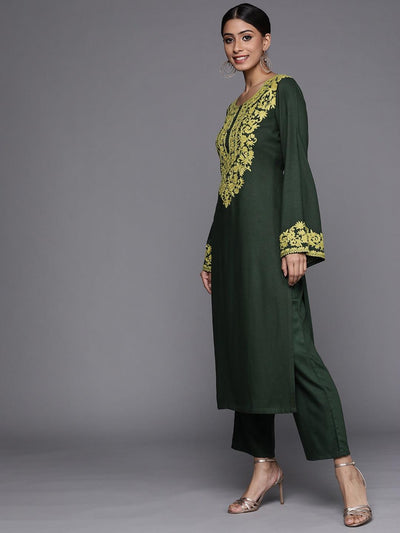 Green Printed Pashmina Wool Kurta - Libas