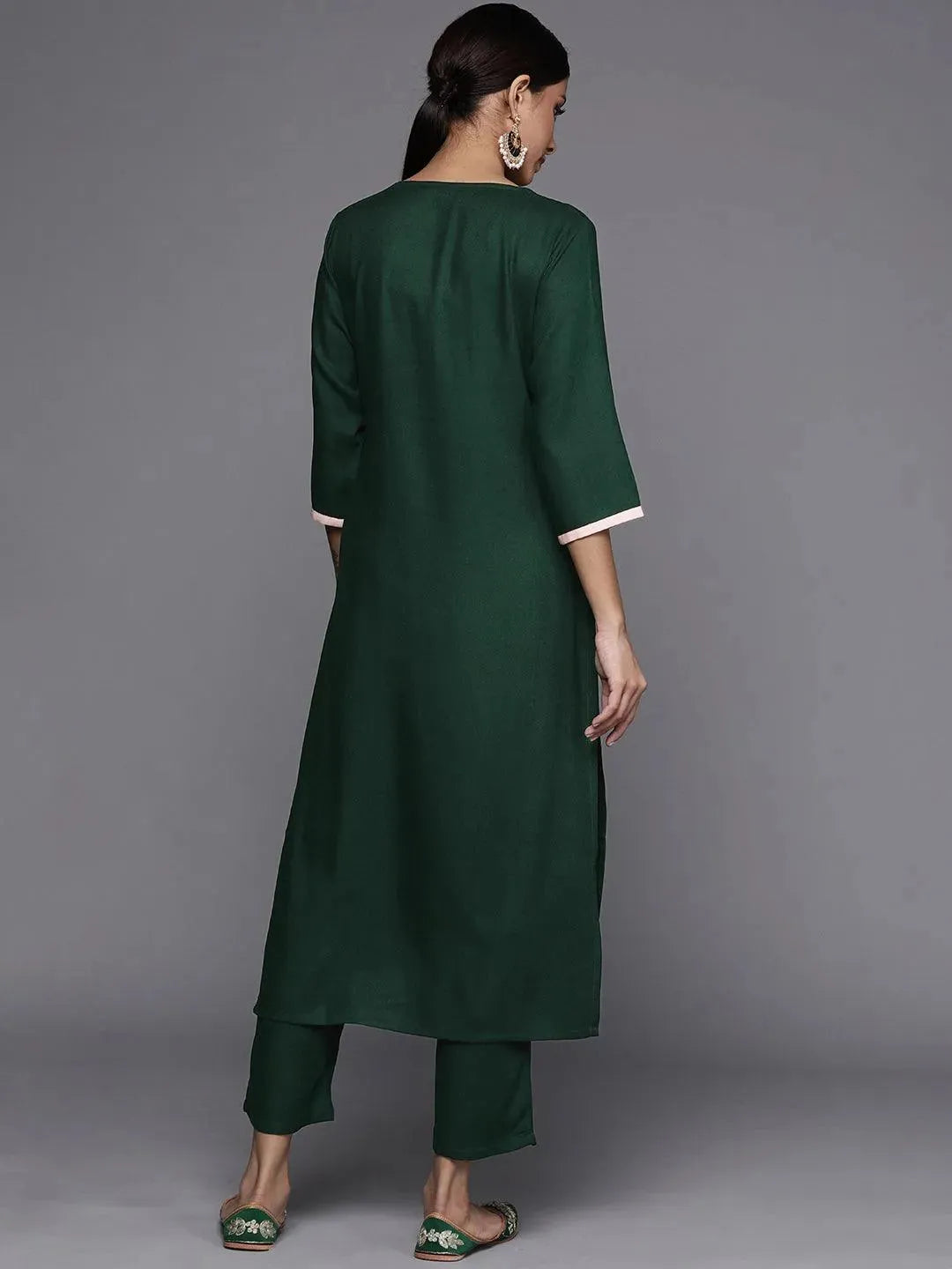 Green Printed Pashmina Wool Kurta - Libas 