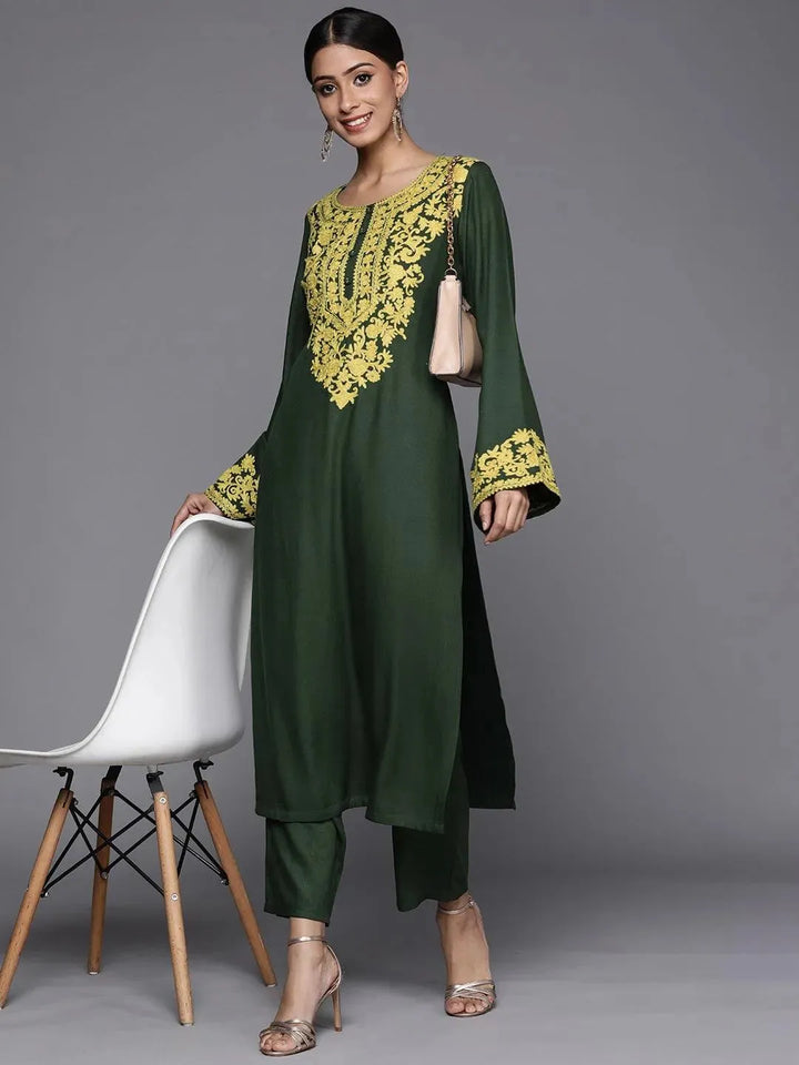 Green Printed Pashmina Wool Kurta - Libas