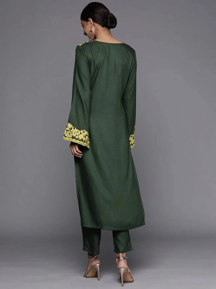 Green Printed Pashmina Wool Kurta - Libas