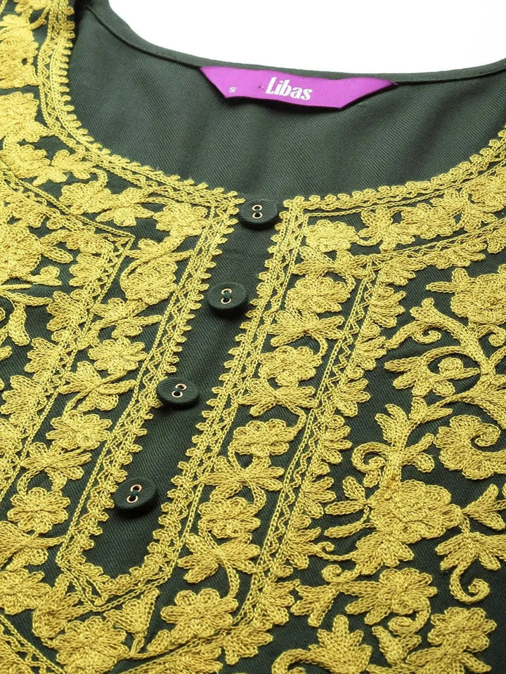Green Printed Pashmina Wool Kurta - Libas