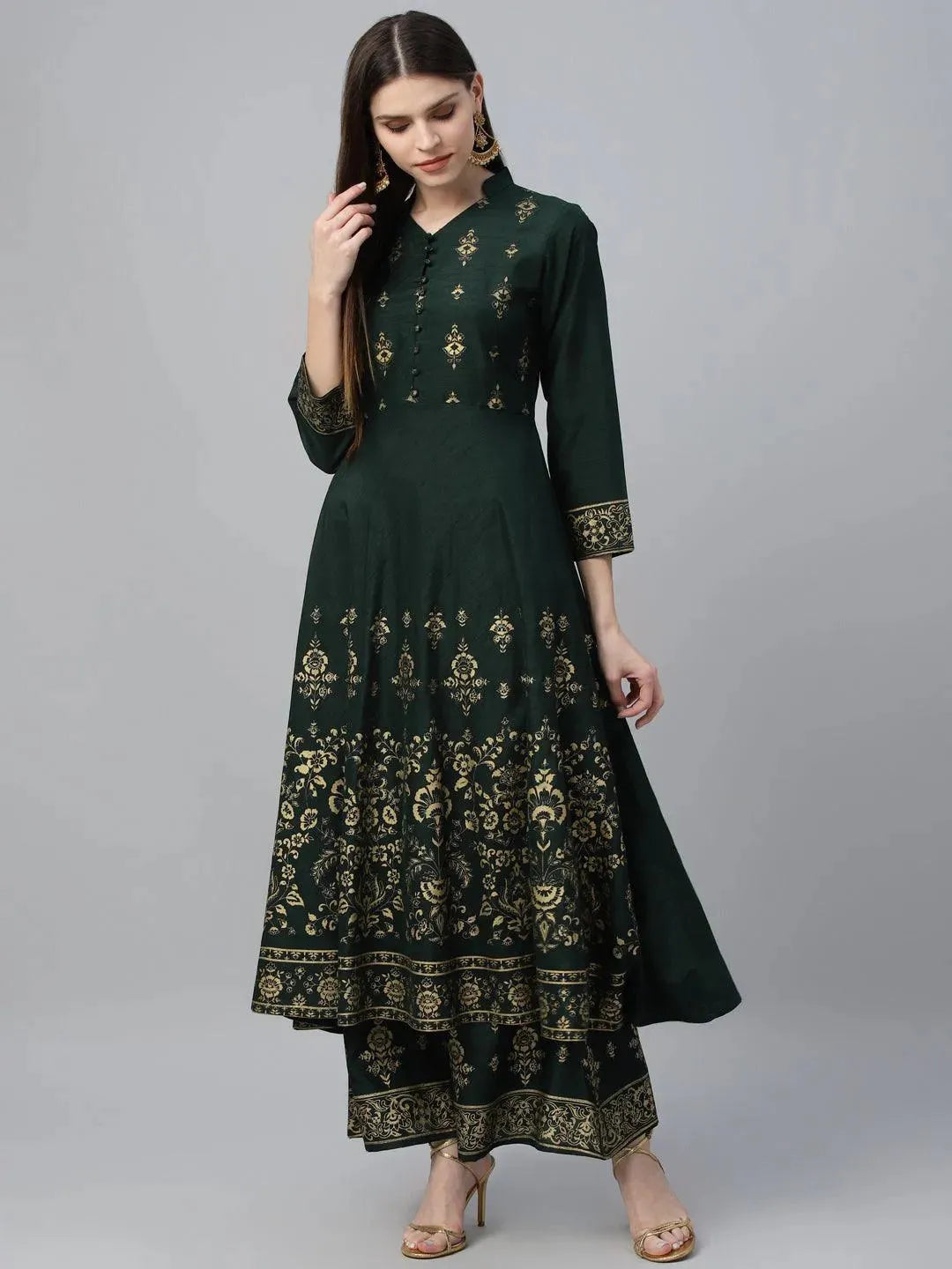 Green Printed Polyester Kurta Set - Libas