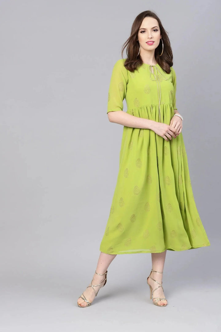 Green Printed Polyester Dress - Libas