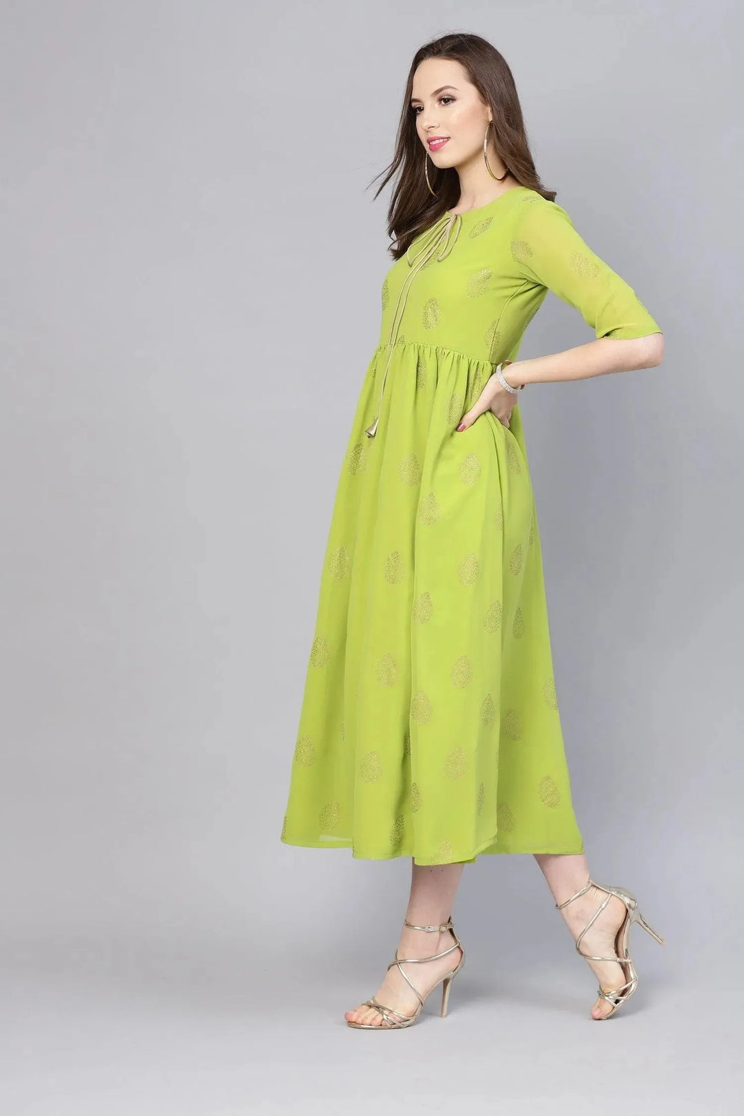 Green Printed Polyester Dress - Libas