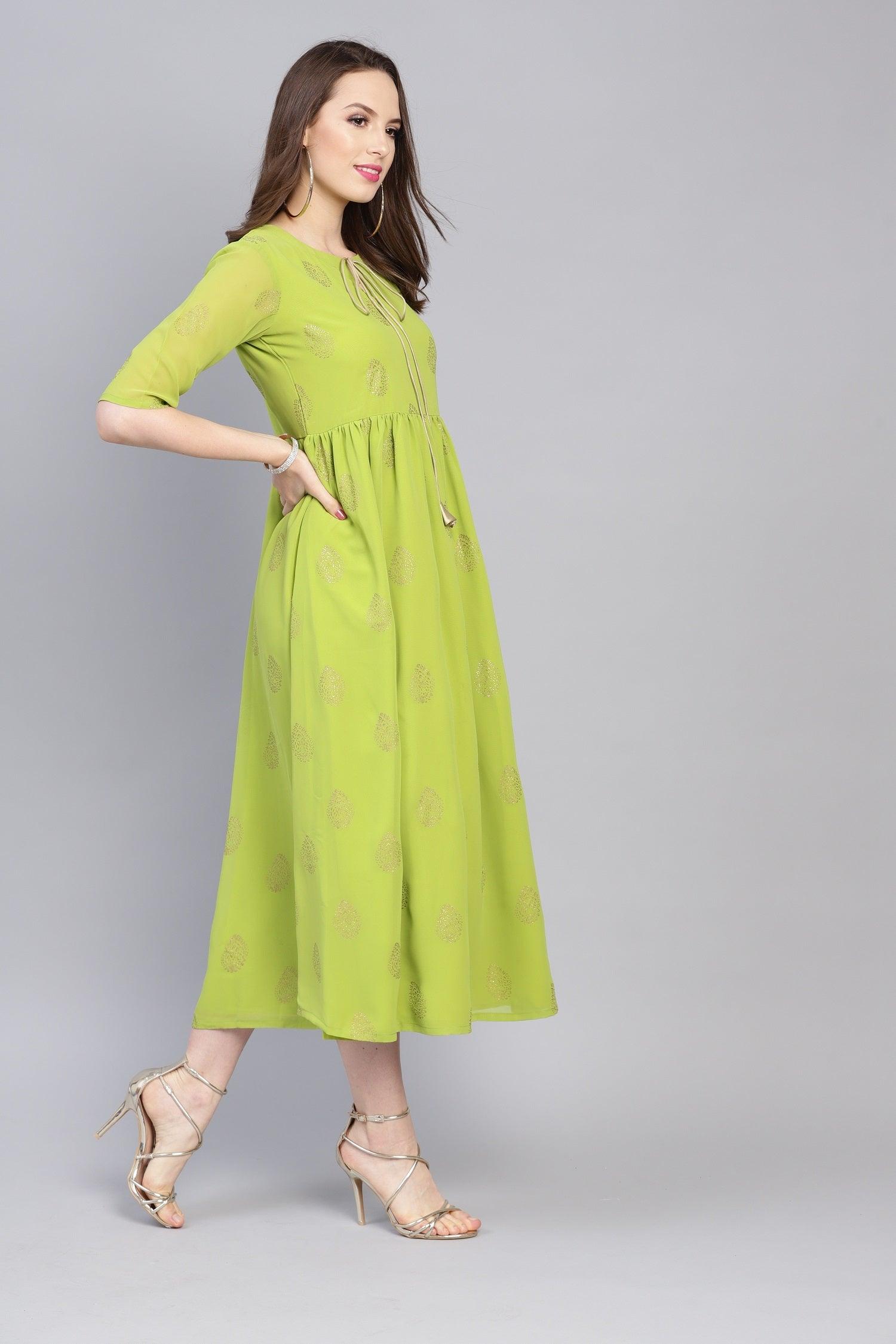 Green Printed Polyester Dress