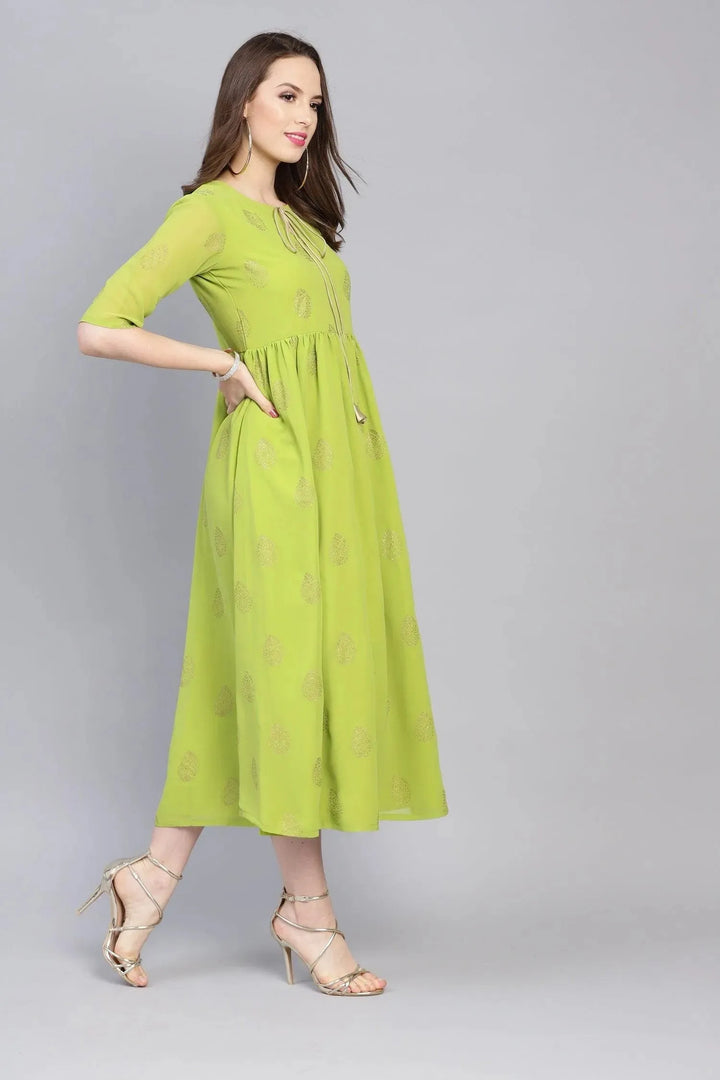 Green Printed Polyester Dress - Libas