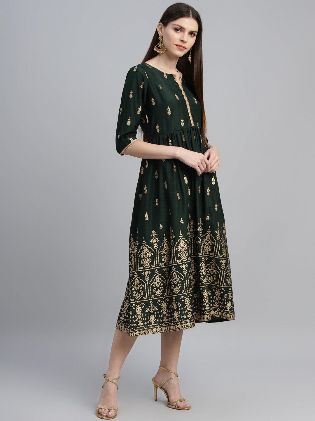 Green Printed Polyester Dress - Libas