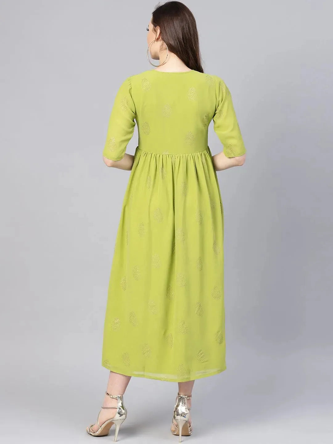 Green Printed Polyester Dress - Libas 