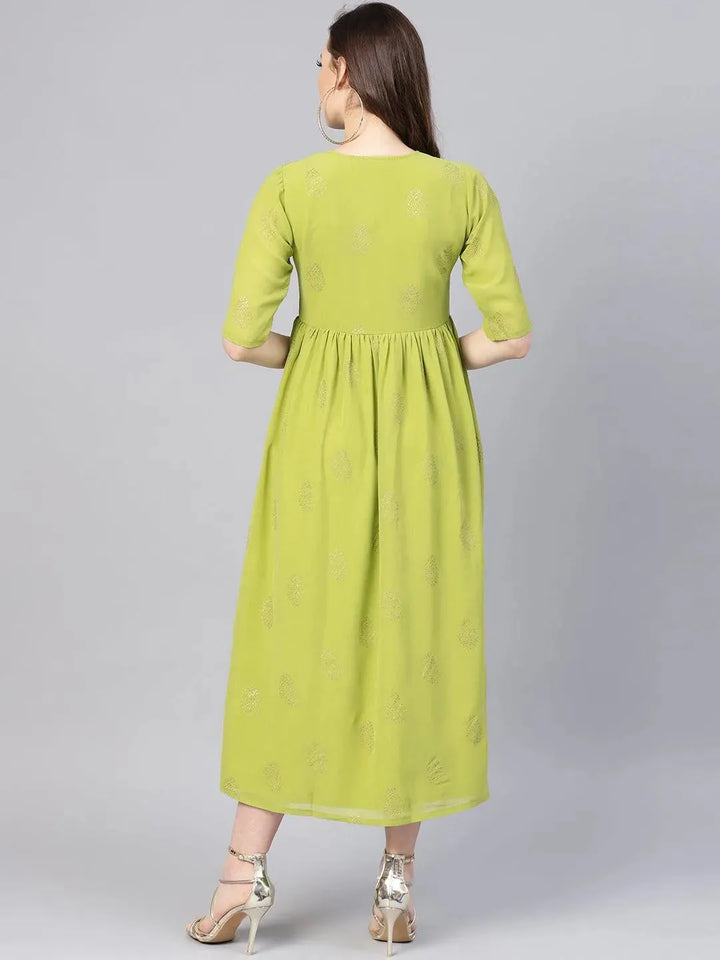 Green Printed Polyester Dress - Libas