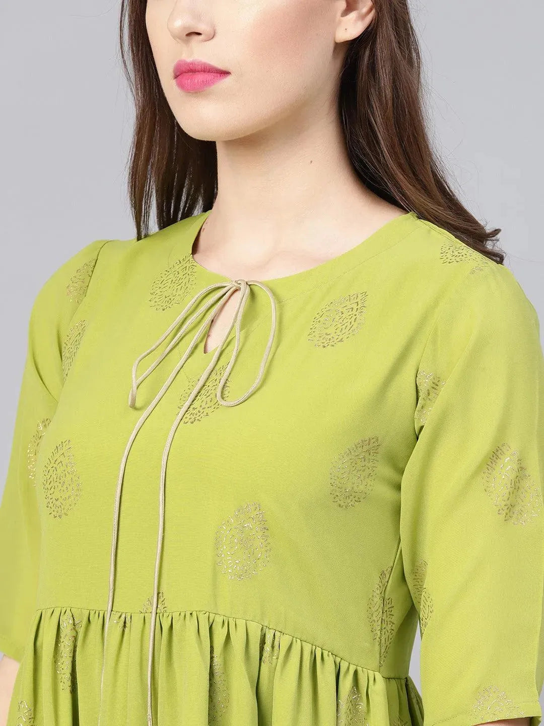 Green Printed Polyester Dress - Libas 