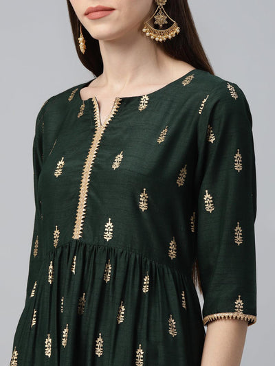 Green Printed Polyester Dress - Libas