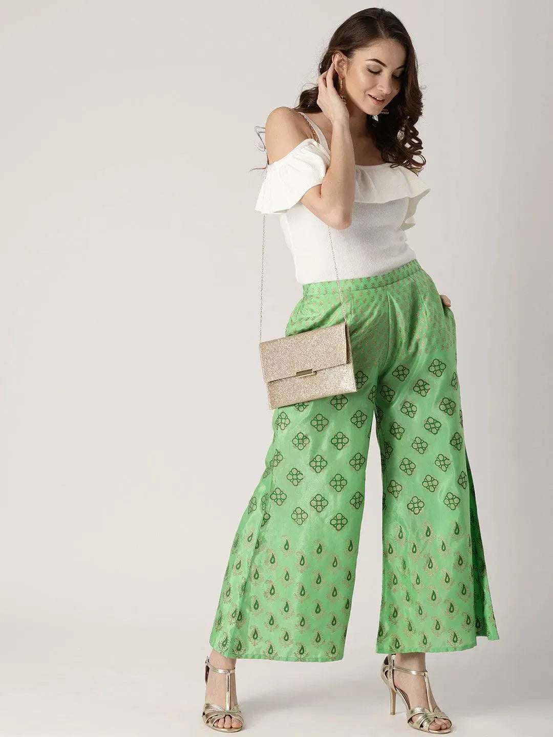 Green Printed Polyester Palazzos - Libas