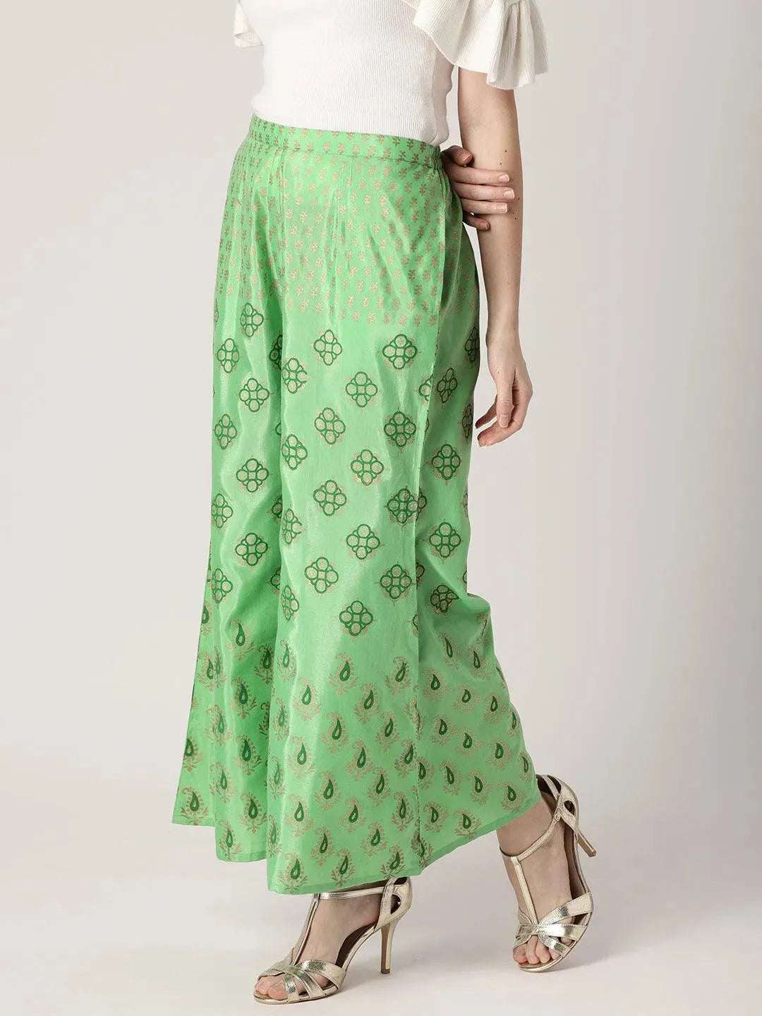 Green Printed Polyester Palazzos - Libas