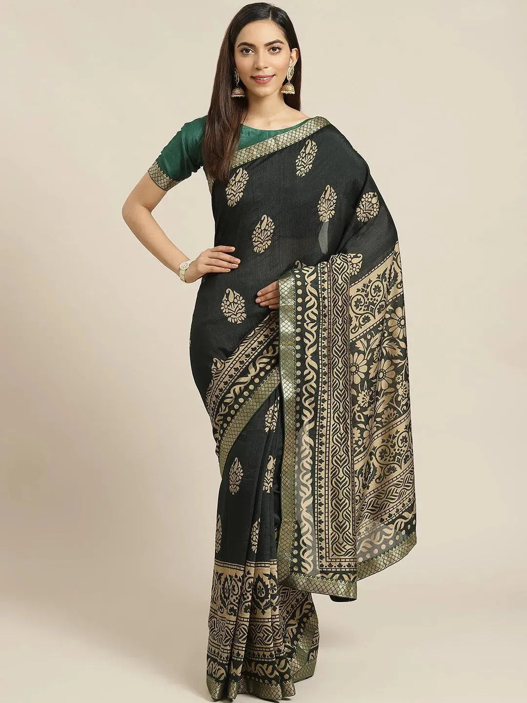 Green Printed Polyester Saree - Libas