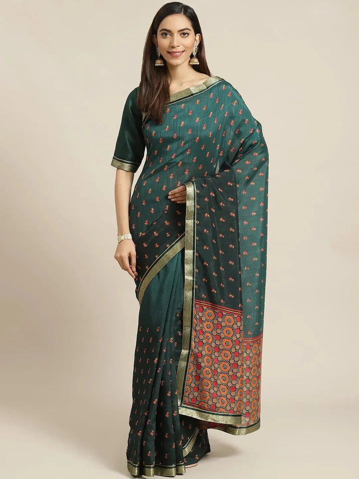 Green Printed Polyester Saree - Libas