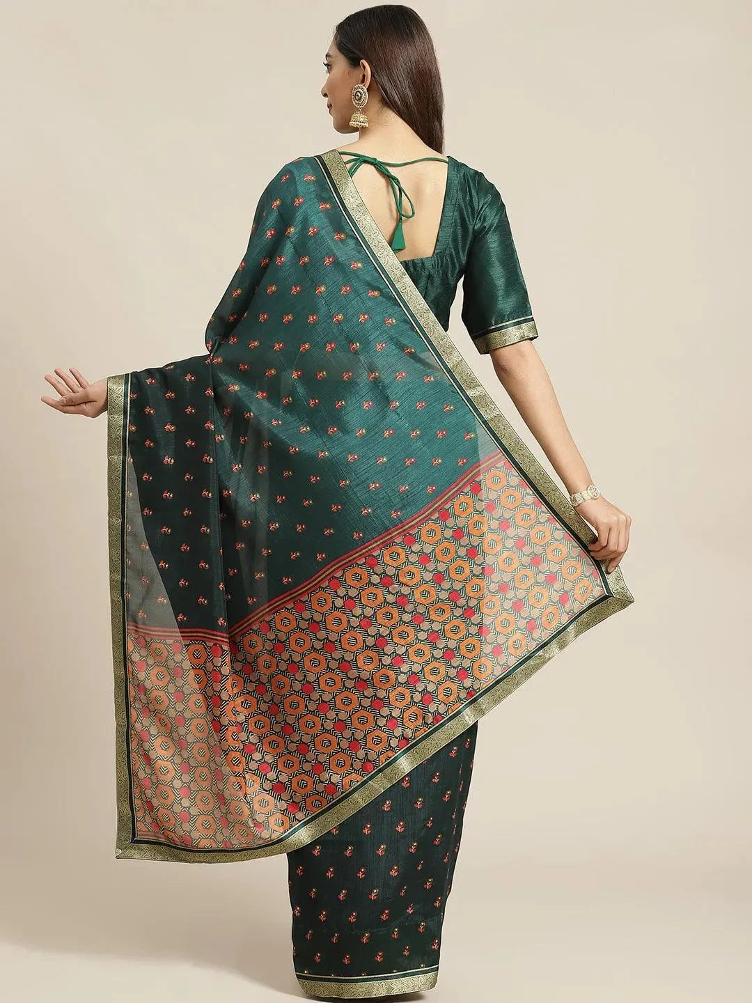 Green Printed Polyester Saree - Libas