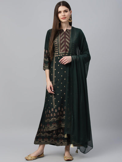 Green Printed Polyester Suit Set - Libas