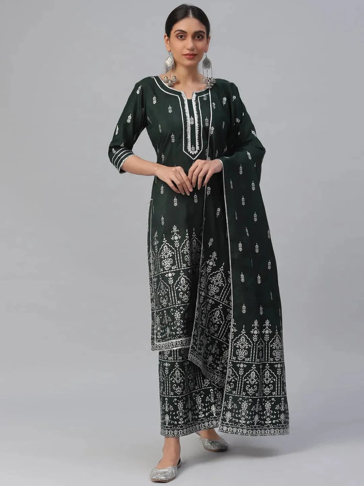 Green Printed Polyester Suit Set - Libas