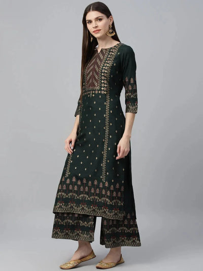 Green Printed Polyester Suit Set - Libas