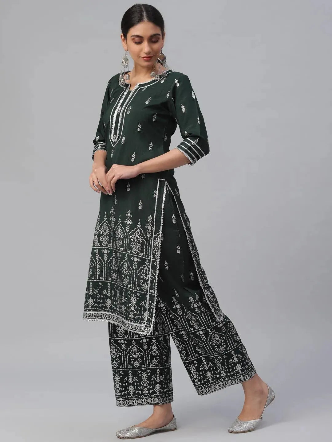 Green Printed Polyester Suit Set - Libas 