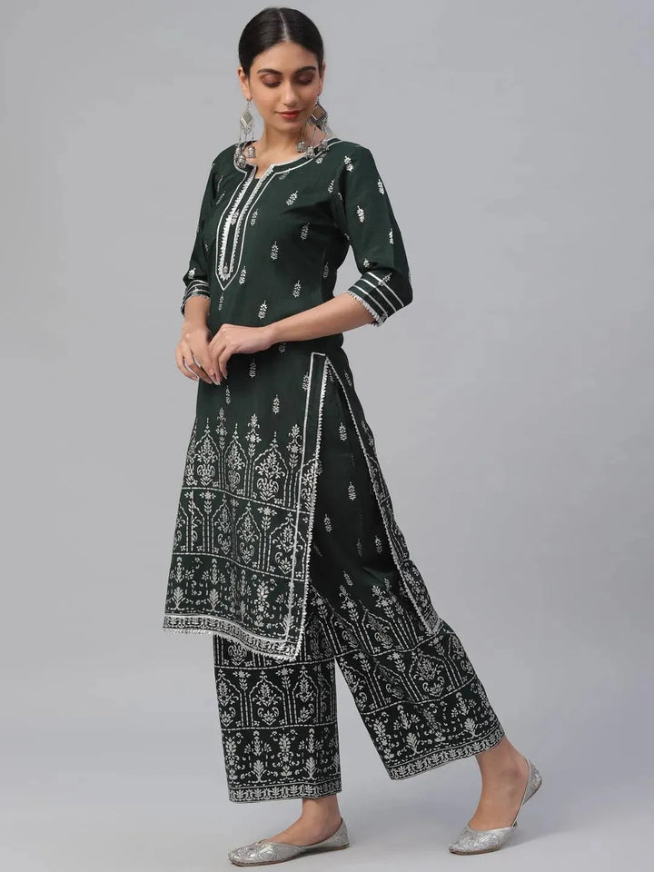 Green Printed Polyester Suit Set - Libas