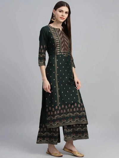 Green Printed Polyester Suit Set - Libas