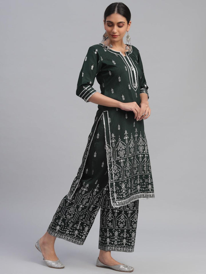Green Printed Polyester Suit Set - Libas