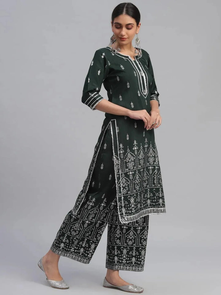 Green Printed Polyester Suit Set - Libas