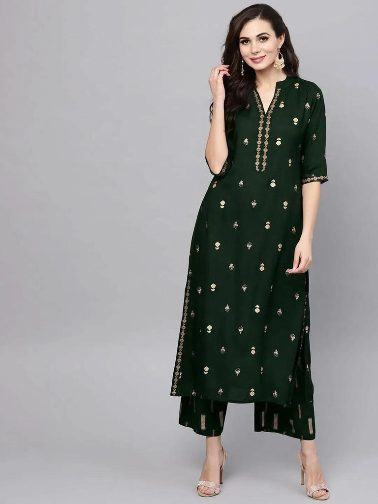 Libas Green Printed Rayon A-Line Kurta With Palazzos