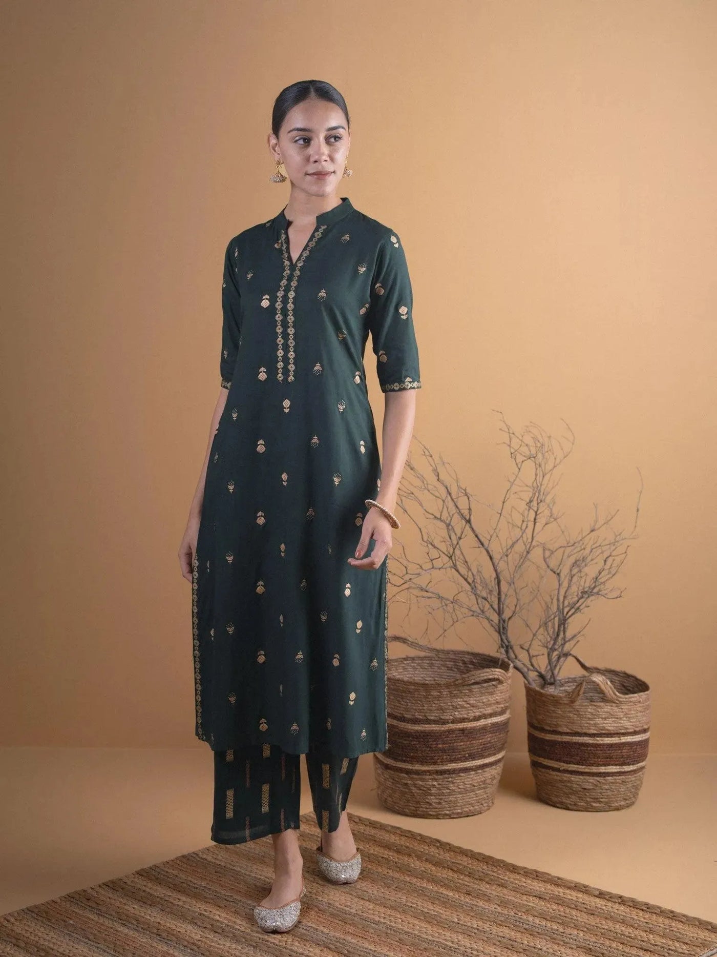 Green Printed Rayon Kurta Set - Libas