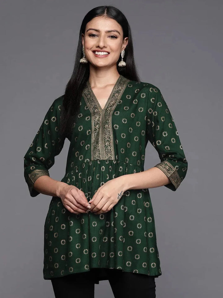 Green Printed Rayon A-Line Kurti - Libas