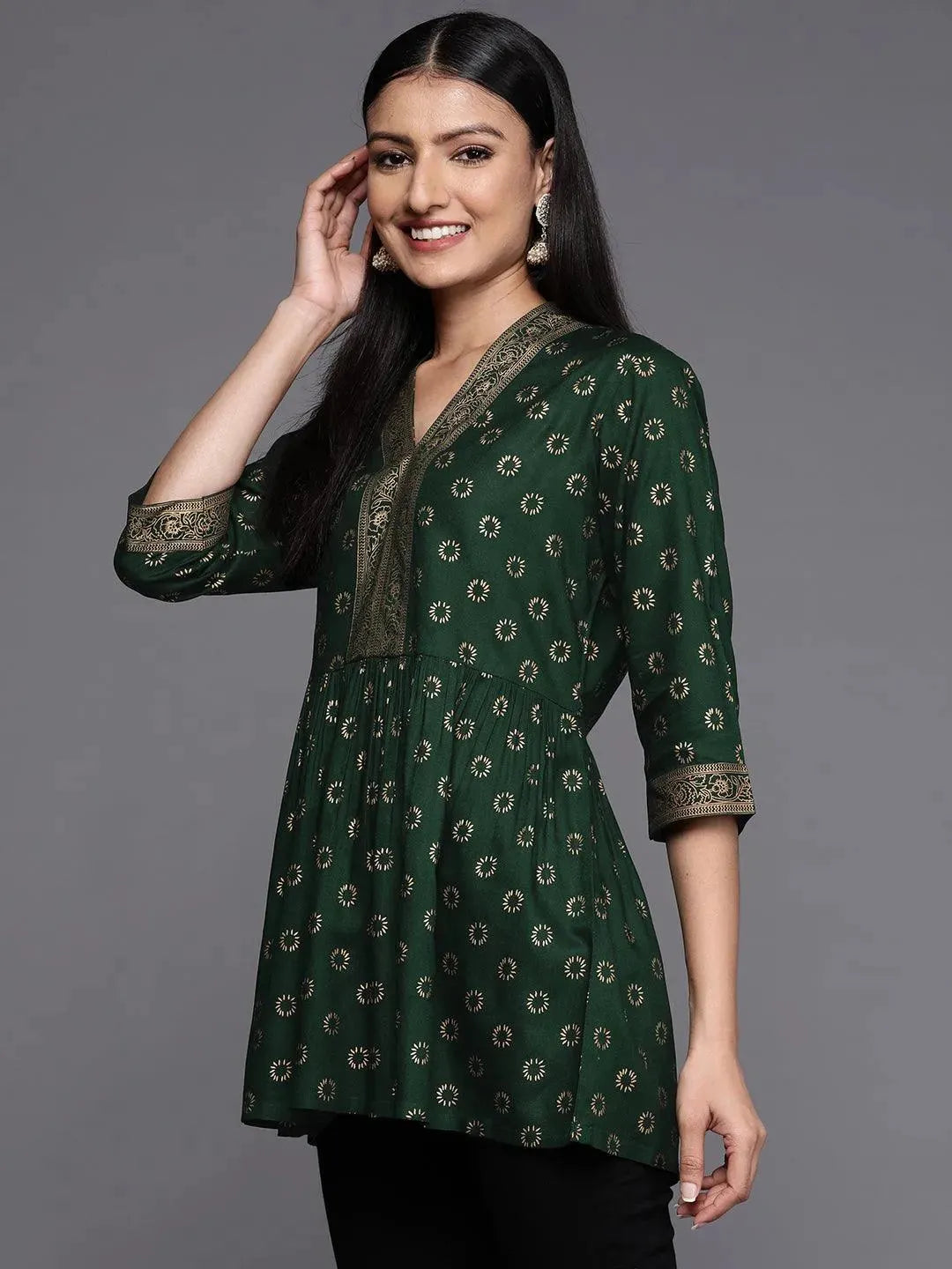 Green Printed Rayon A-Line Kurti - Libas