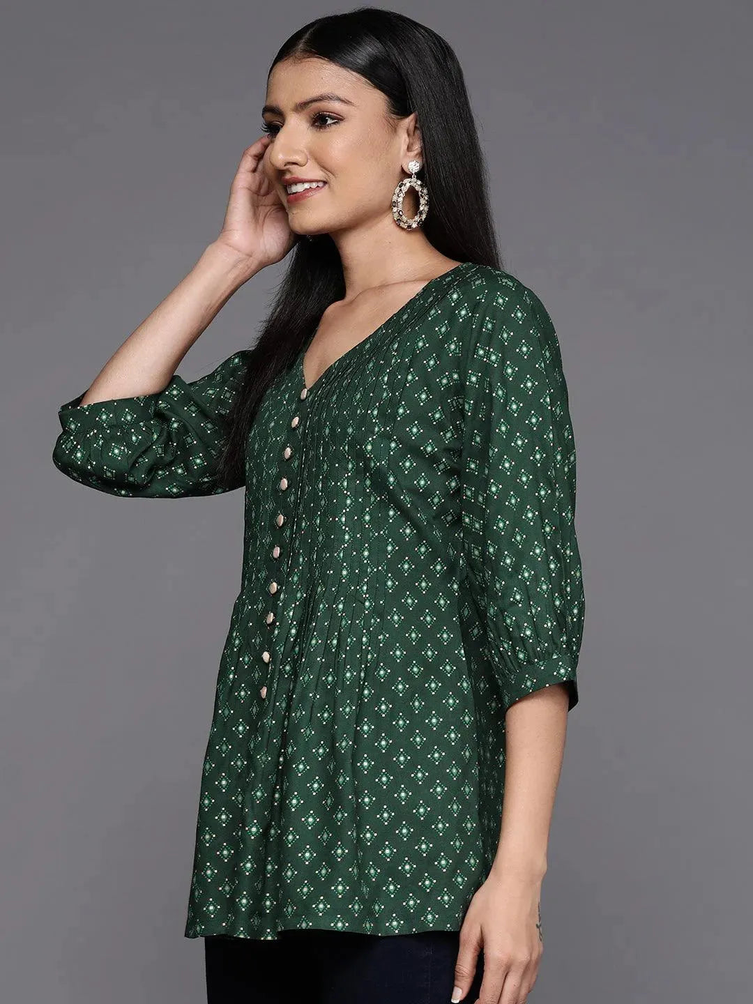 Green Printed Rayon A-Line Kurti - Libas 