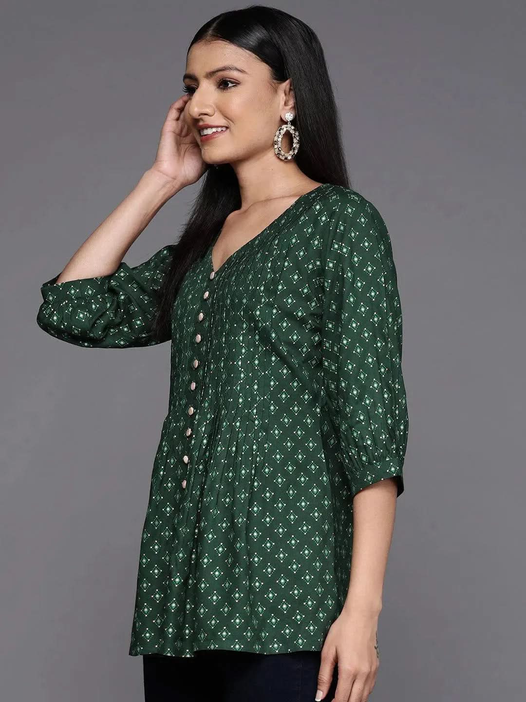 

Green Printed Rayon A-Line Kurti