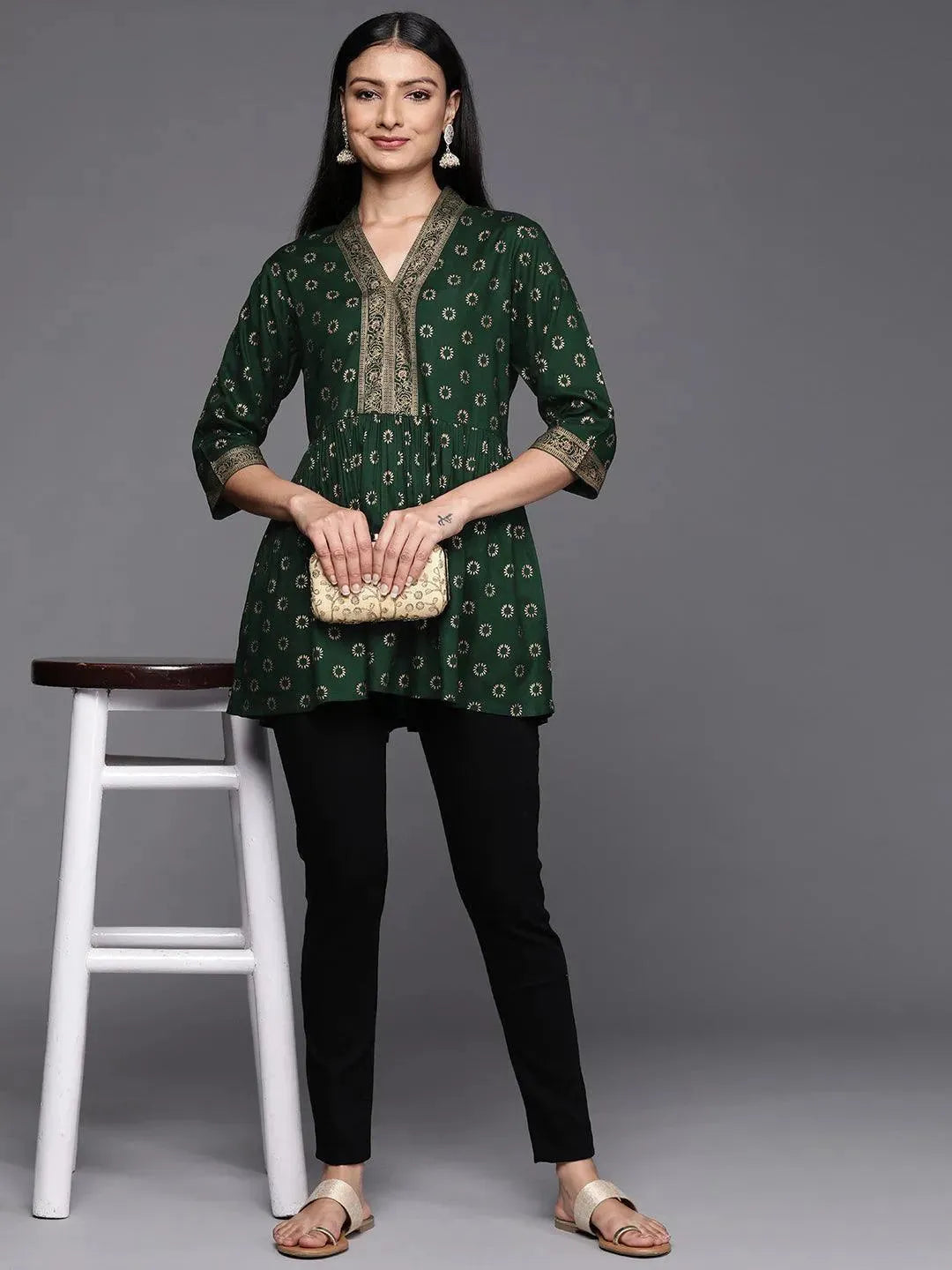 Green Printed Rayon A-Line Kurti - Libas