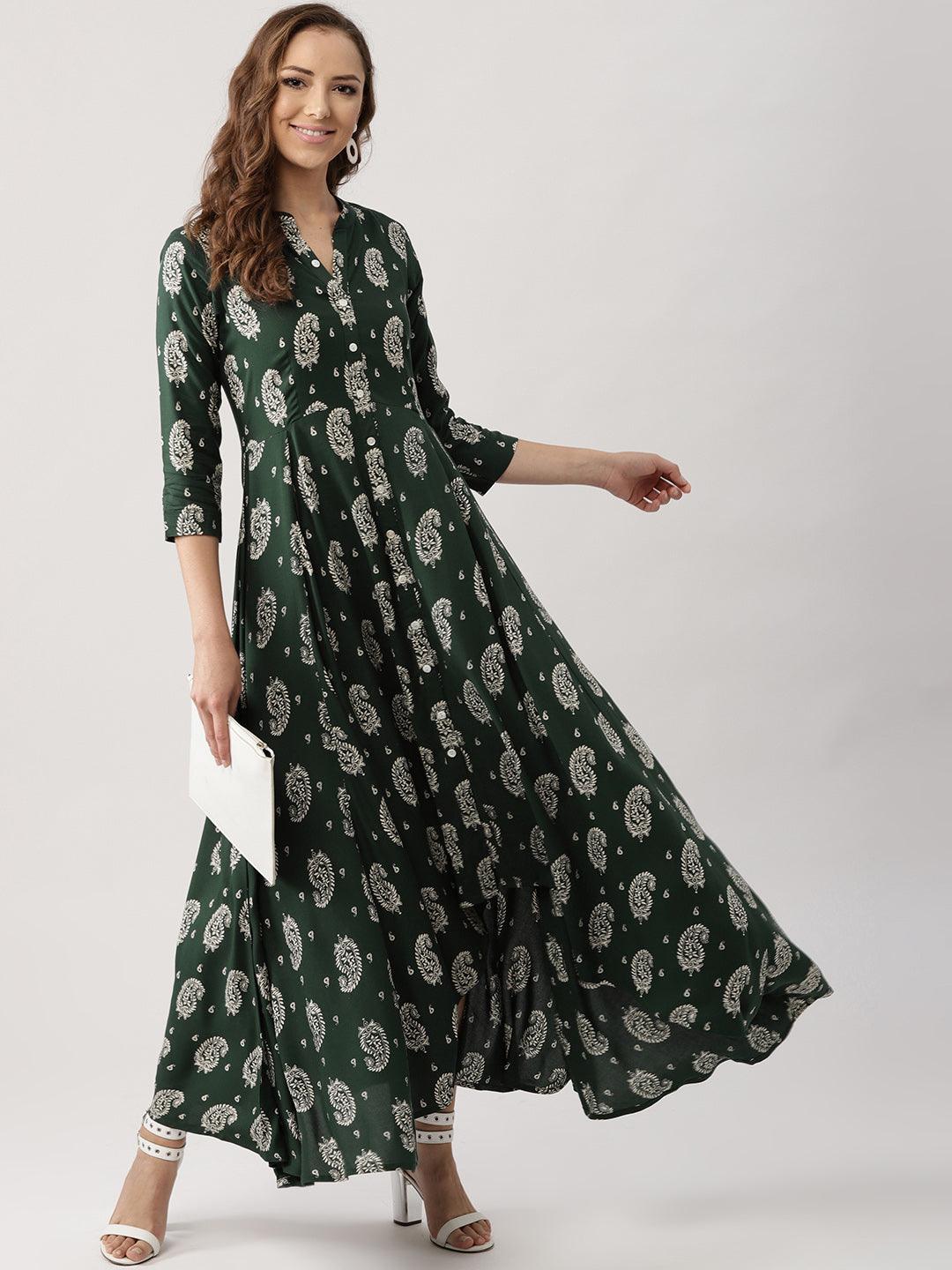 Green Printed Rayon Dress - Libas