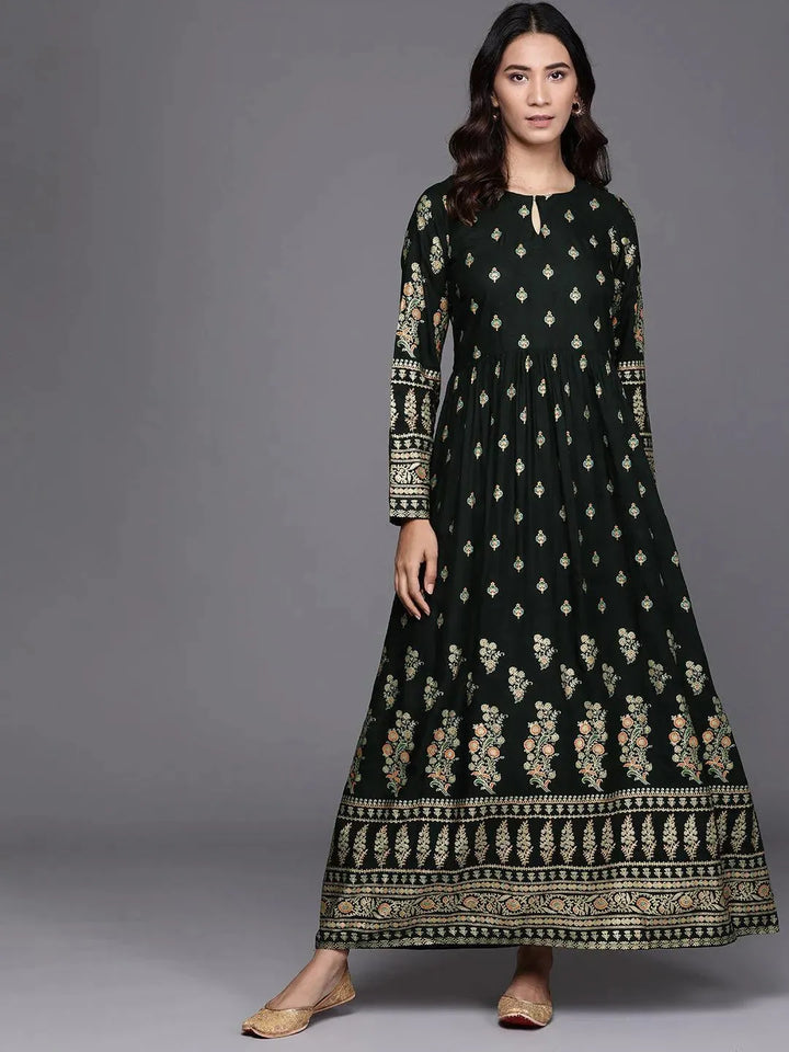 Green Printed Rayon Dress - Libas