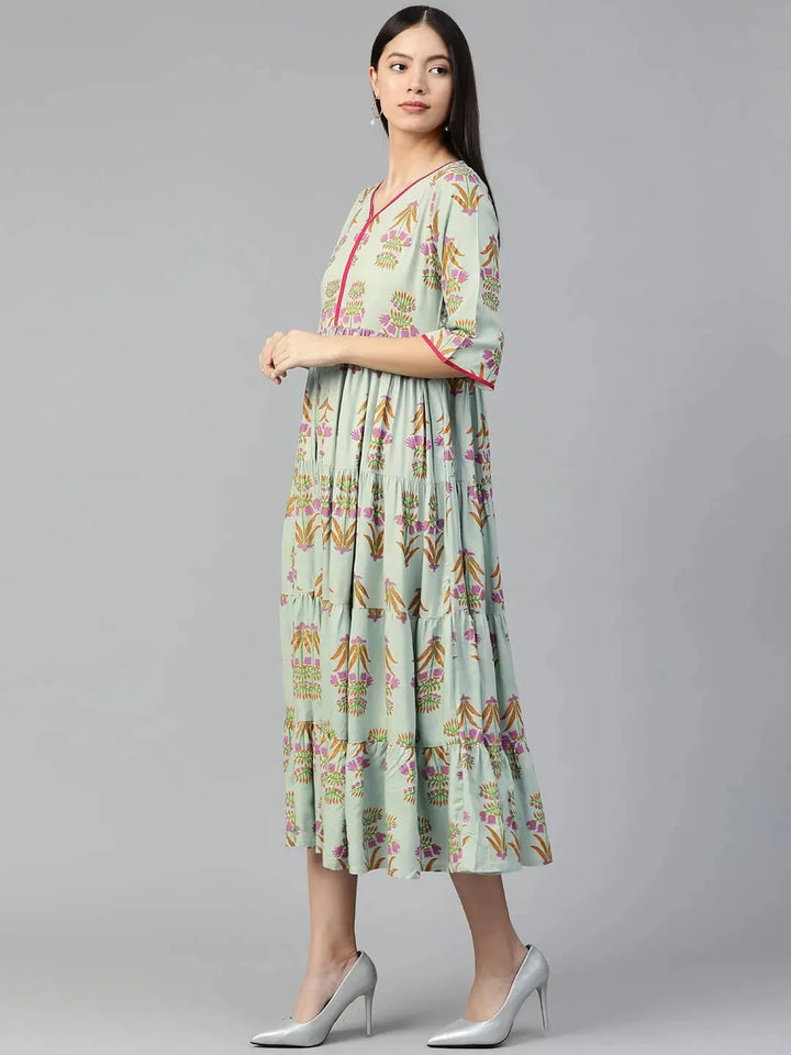 Green Printed Rayon Dress - Libas