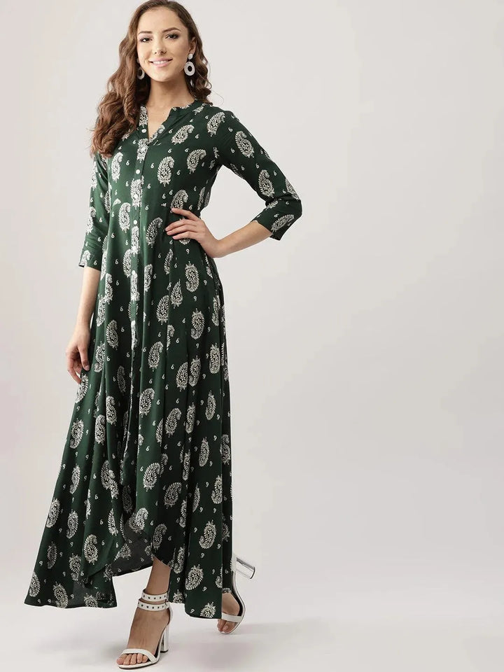 Green Printed Rayon Dress - Libas