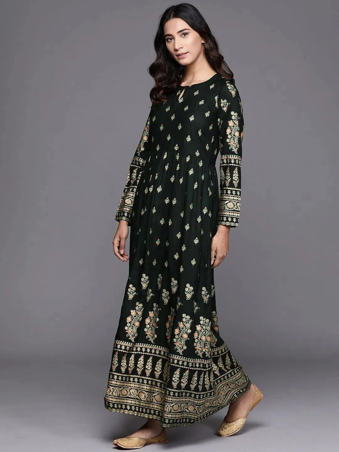 Green Printed Rayon Dress - Libas 